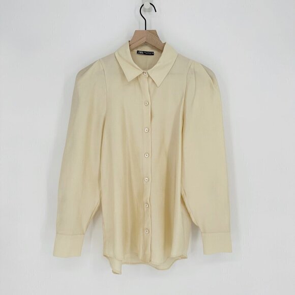 Zara Pleated Puff Sleeve Button Down Shirt Oversized Light Beige Women's XS - Picture 1 of 5